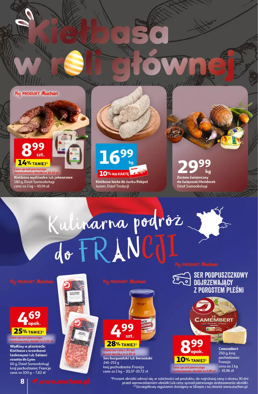 Gazetka promocyjna Auchan - Wielkanoc z najlepszej cenie! Część 2. Supermarket Auchan - ważna 21.03 do 30.03.2024 - strona 8 - produkty: Camembert, Fa, Gin, Kiełbasa, Kiełbasa biała, Pekpol, Ser, Sos