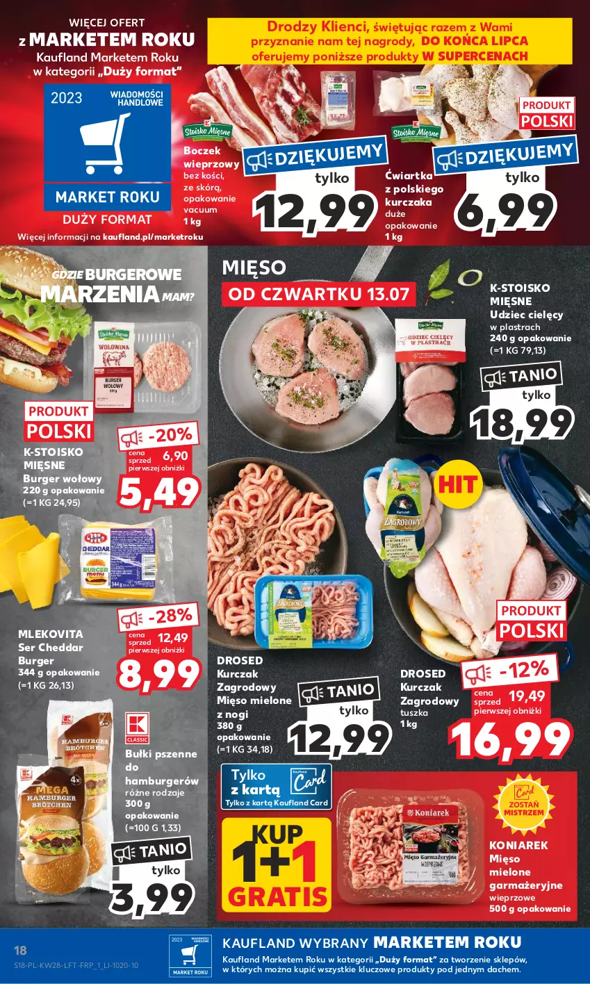 Gazetka promocyjna Kaufland - Gazetka tygodnia - ważna 13.07 do 19.07.2023 - strona 18 - produkty: Boczek, Boczek wieprzowy, Burger, Cheddar, Gra, Hamburger, Kurczak, Mięso, Mięso mielone, Mleko, Mlekovita, Ser, Tusz, Udziec cielęcy