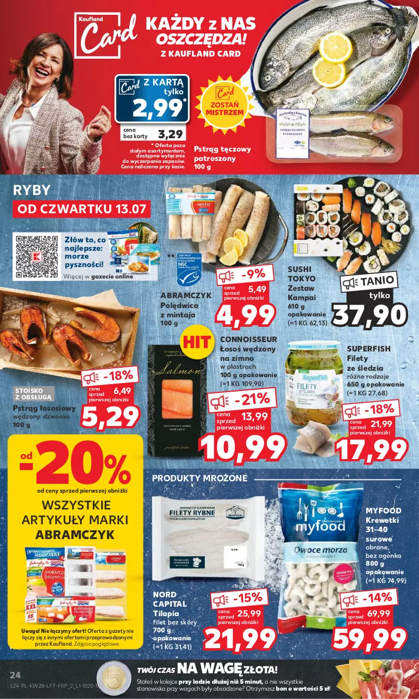 Gazetka promocyjna Kaufland - Gazetka tygodnia - ważna 13.07 do 19.07.2023 - strona 24 - produkty: Krewetki, Mintaj, Olej, Polędwica, Produkty mrożone, Pstrąg, Pstrąg łososiowy, Pstrąg tęczowy, Sos, Sushi, Tilapia, Waga