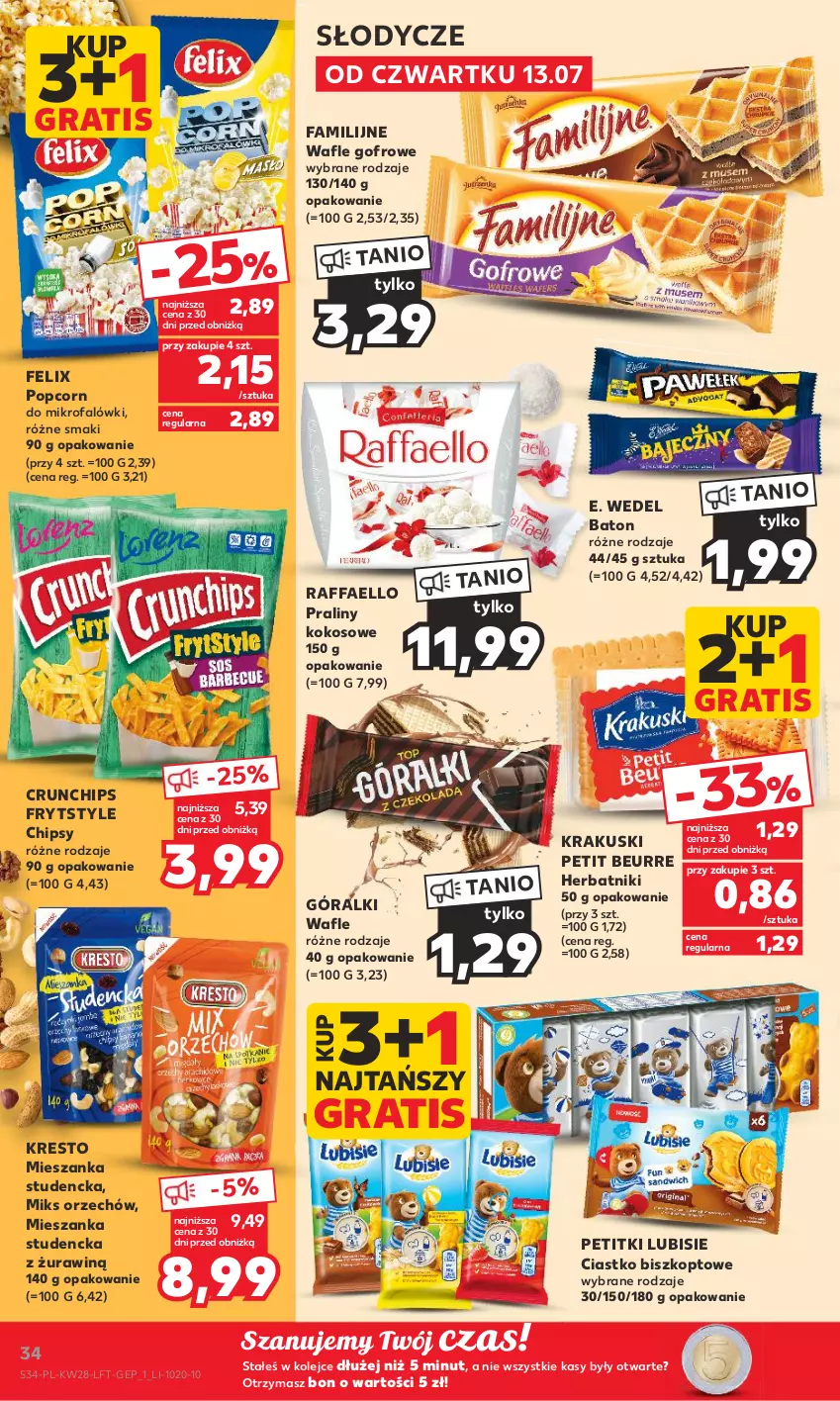 Gazetka promocyjna Kaufland - Gazetka tygodnia - ważna 13.07 do 19.07.2023 - strona 34 - produkty: Baton, Chipsy, Crunchips, E. Wedel, Fa, Felix, Góralki, Gra, Herbatniki, Kokos, Krakus, Krakuski, Lubisie, Mieszanka studencka, Olej, Popcorn, Praliny, Raffaello, Wafle