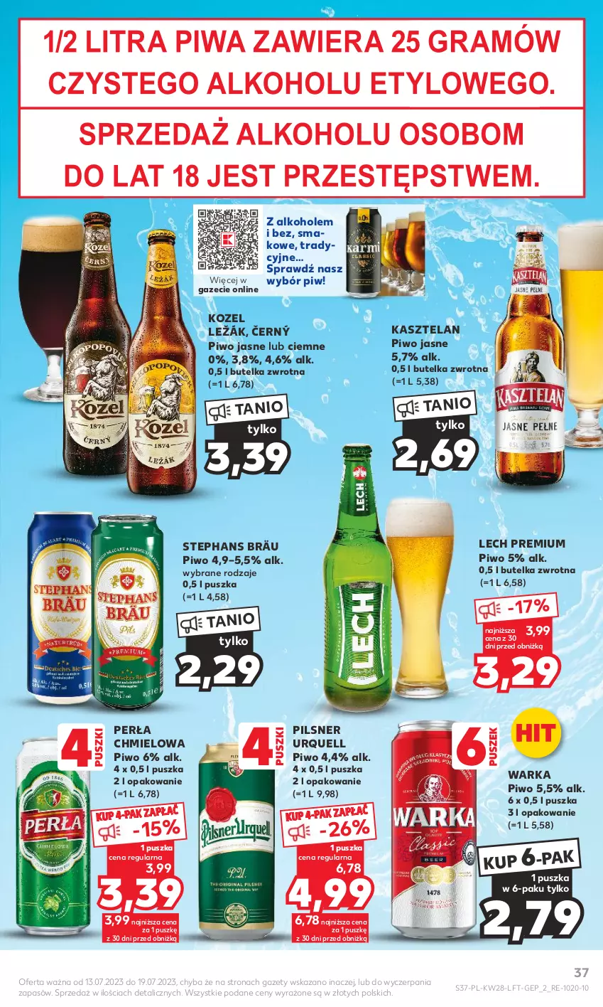 Gazetka promocyjna Kaufland - Gazetka tygodnia - ważna 13.07 do 19.07.2023 - strona 37 - produkty: Alkohole, Gra, Kasztelan, Kozel, Lech Premium, Perła, Pilsner Urquell, Piwa, Piwo, Piwo jasne, Warka