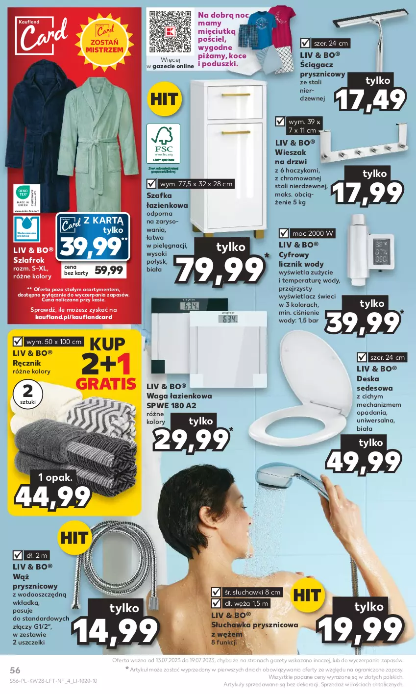 Gazetka promocyjna Kaufland - Gazetka tygodnia - ważna 13.07 do 19.07.2023 - strona 56 - produkty: Deska sedesowa, Drzwi, Gra, Haczyk, Koc, Por, Pościel, Ręcznik, Słuchawka prysznicowa, Słuchawki, Sok, Szafka, Szafka łazienkowa, Szlafrok, Waga, Waga łazienkowa, Wieszak