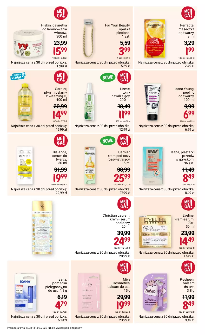 Gazetka promocyjna Rossmann - 17 sierpnia - ważna 17.08 do 31.08.2023 - strona 10 - produkty: Balsam do ust, Bielenda, Eveline, For Your Beauty, Gala, Galaretka, Garnier, Isana, Krem pod oczy, Laur, Lirene, Miya Cosmetics, Opaska, Peeling, Perfecta, Plasterki, Płyn micelarny, Rum, Ser, Serum, Serum do twarzy, Serum pod oczy, Tonik