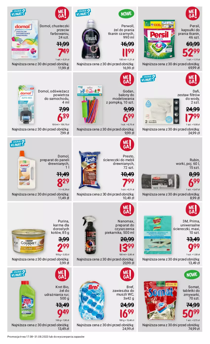 Gazetka promocyjna Rossmann - 17 sierpnia - ważna 17.08 do 31.08.2023 - strona 11 - produkty: Balony, Bref, Chusteczki, Domol, Fa, Kapsułki do prania, Kret, Mus, Nanomax, Odświeżacz powietrza, Persil, Perwoll, Piekarnik, Preparat do czyszczenia, Presto, Prima, Pur, Purina, Rubin, Somat, Tablet, Tabletki do zmywarki, Zmywarki