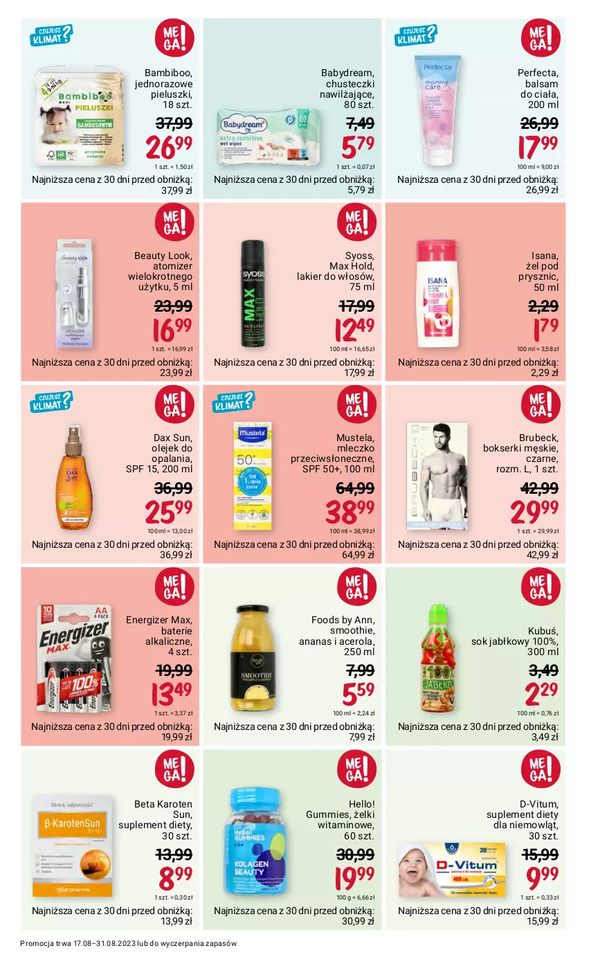 Gazetka promocyjna Rossmann - 17 sierpnia - ważna 17.08 do 31.08.2023 - strona 12 - produkty: Acer, Ananas, Babydream, Balsam do ciała, Baterie alkaliczne, Bokserki, Chusteczki, D-Vitum, DAX, Energizer, Isana, Kubuś, Lakier, Lakier do włosów, Mleczko, Mus, Mustela, Olej, Perfecta, Ser, Smoothie, Sok, Sok jabłkowy, Suplement diety, Syoss