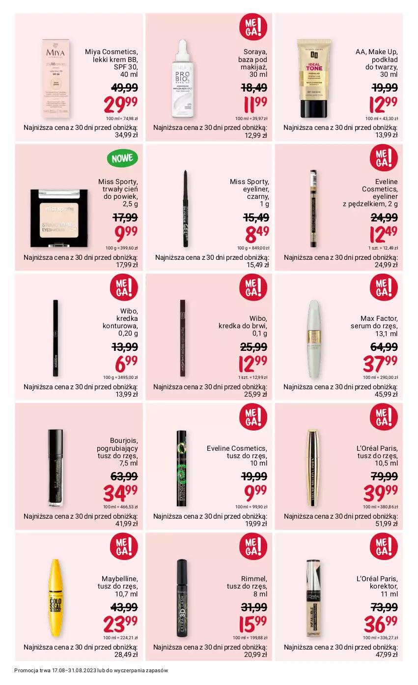 Gazetka promocyjna Rossmann - 17 sierpnia - ważna 17.08 do 31.08.2023 - strona 4 - produkty: Bell, Bourjois, Cień, Eveline, Fa, Kredka, Kredka do brwi, Krem bb, L’Oréal, Makijaż, Max Factor, Maybelline, Miss Sporty, Miya Cosmetics, Podkład, Podkład do twarzy, Por, Rum, Ser, Serum, Sport, Tusz, Wibo