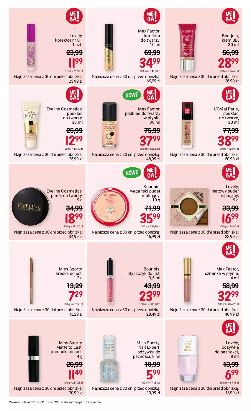 Gazetka promocyjna Rossmann - 17 sierpnia - ważna 17.08 do 31.08.2023 - strona 5 - produkty: Błyszczyk do ust, Bourjois, Eveline, Fa, Inka, Korektor do twarzy, Kredka, Krem bb, L’Oréal, Lovely, Max Factor, Miss Sporty, Odżywka, Podkład, Podkład do twarzy, Por, Puder, Puder do twarzy, Sport, Szminka