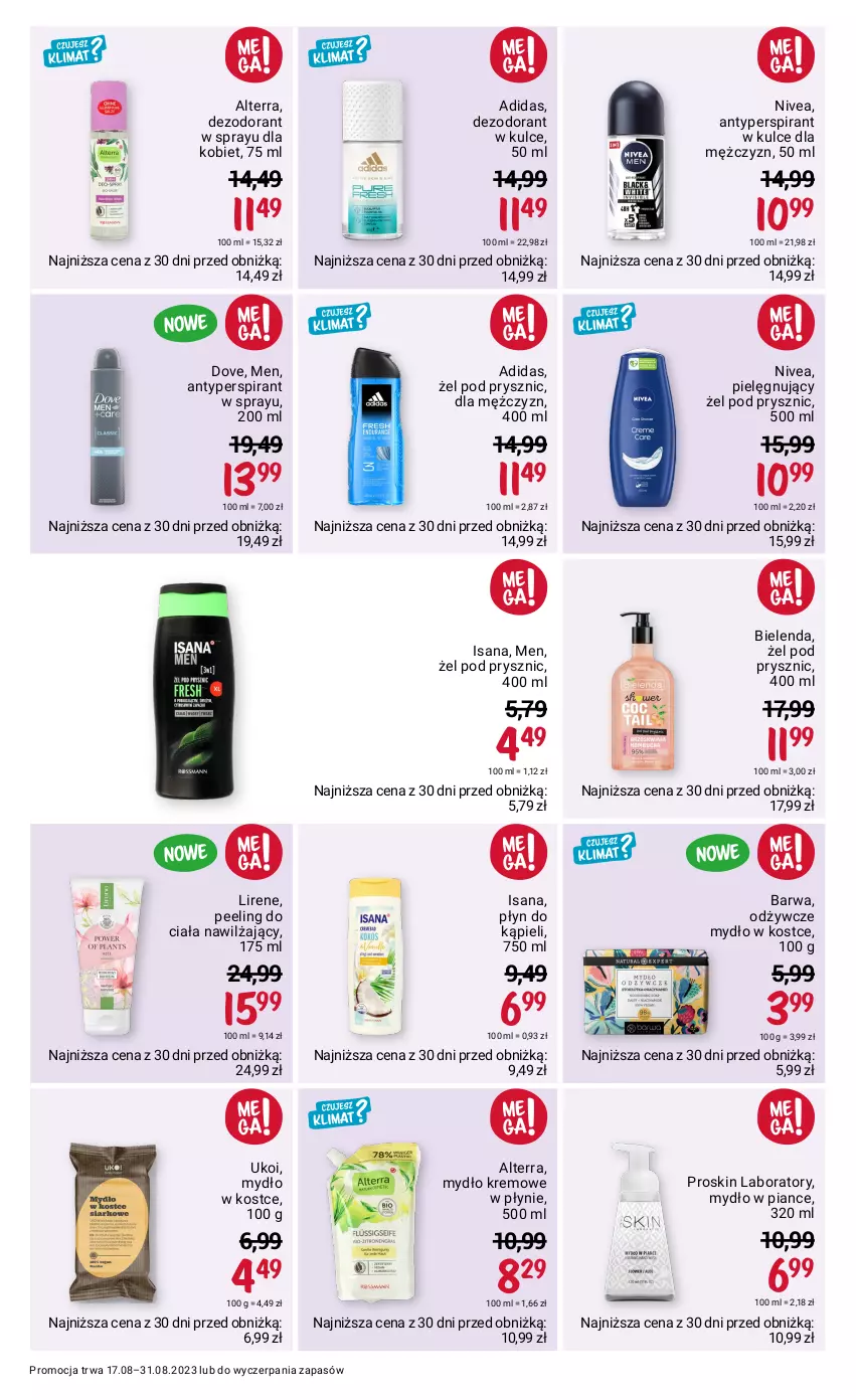 Gazetka promocyjna Rossmann - 17 sierpnia - ważna 17.08 do 31.08.2023 - strona 6 - produkty: Adidas, Alterra, Antyperspirant, Bielenda, Dezodorant, Dove, Isana, Lirene, Mydło, Nivea, Peeling, Płyn do kąpieli