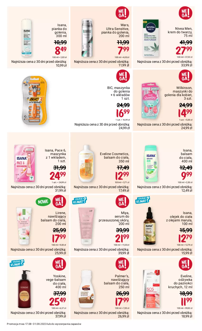 Gazetka promocyjna Rossmann - 17 sierpnia - ważna 17.08 do 31.08.2023 - strona 8 - produkty: Balsam do ciała, BIC, Eveline, Isana, Krem do twarzy, Lirene, Maszynka, Maszynka do golenia, Nawilżający balsam, Nivea, Nivea Men, Odżywka, Olej, Olejek do ciała, Pianka do golenia, Rum, Ser, Serum, Szynka, Yoskine