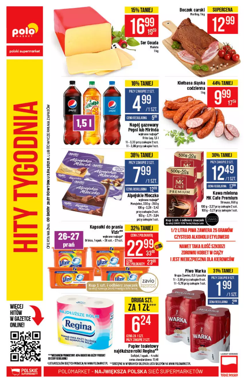 Gazetka promocyjna PoloMarket - Gazetka pomocyjna - ważna 28.07 do 03.08.2021 - strona 64 - produkty: BIC, Boczek, Cars, Gin, Gouda, Kapsułki do prania, Kawa, Kawa mielona, Mirinda, Mleczko, Napój, Napój gazowany, Papier, Pepsi, Rolki, Ser, Vizir, Warka