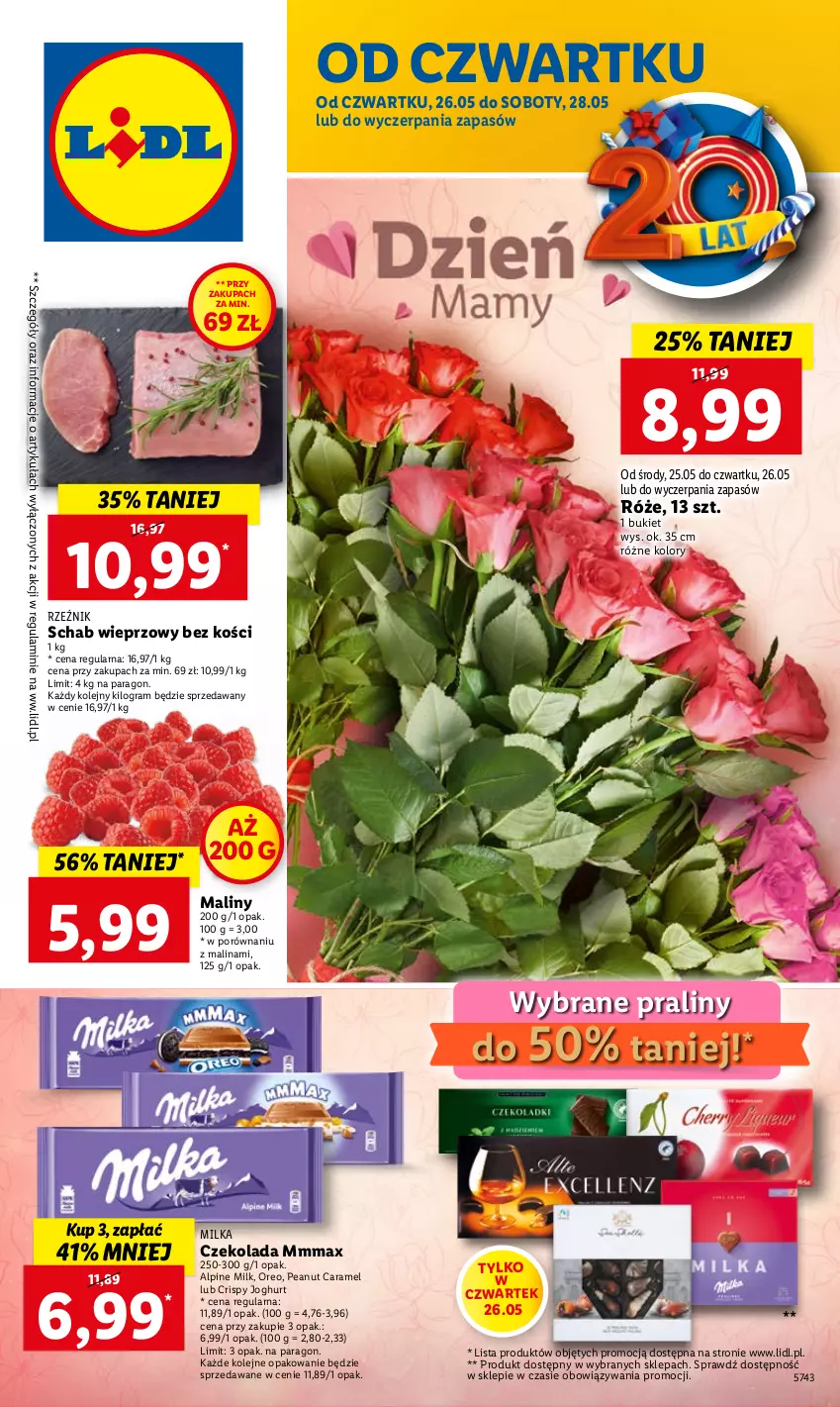 Gazetka promocyjna Lidl - GAZETKA - ważna 26.05 do 28.05.2022 - strona 1 - produkty: Bukiet, Czekolada, Gra, Maliny, Milka, Olej, Oreo, Por, Praliny, Schab wieprzowy