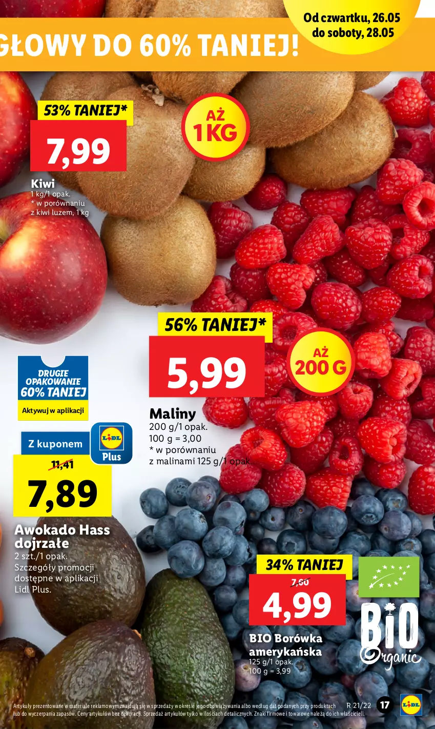 Gazetka promocyjna Lidl - GAZETKA - ważna 26.05 do 28.05.2022 - strona 17 - produkty: Borówka, Borówka amerykańska, Kiwi, Maliny, Por