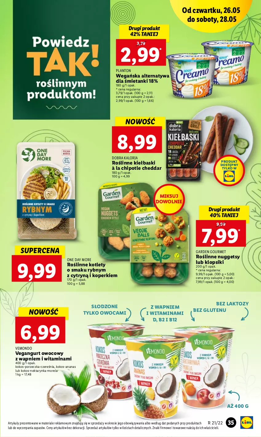 Gazetka promocyjna Lidl - GAZETKA - ważna 26.05 do 28.05.2022 - strona 35 - produkty: Ananas, Cheddar, Klopsiki, Kokos, Kotlet, Morela, Nektar, Nektarynka, Por, Roślinne kiełbaski, Vegangurt