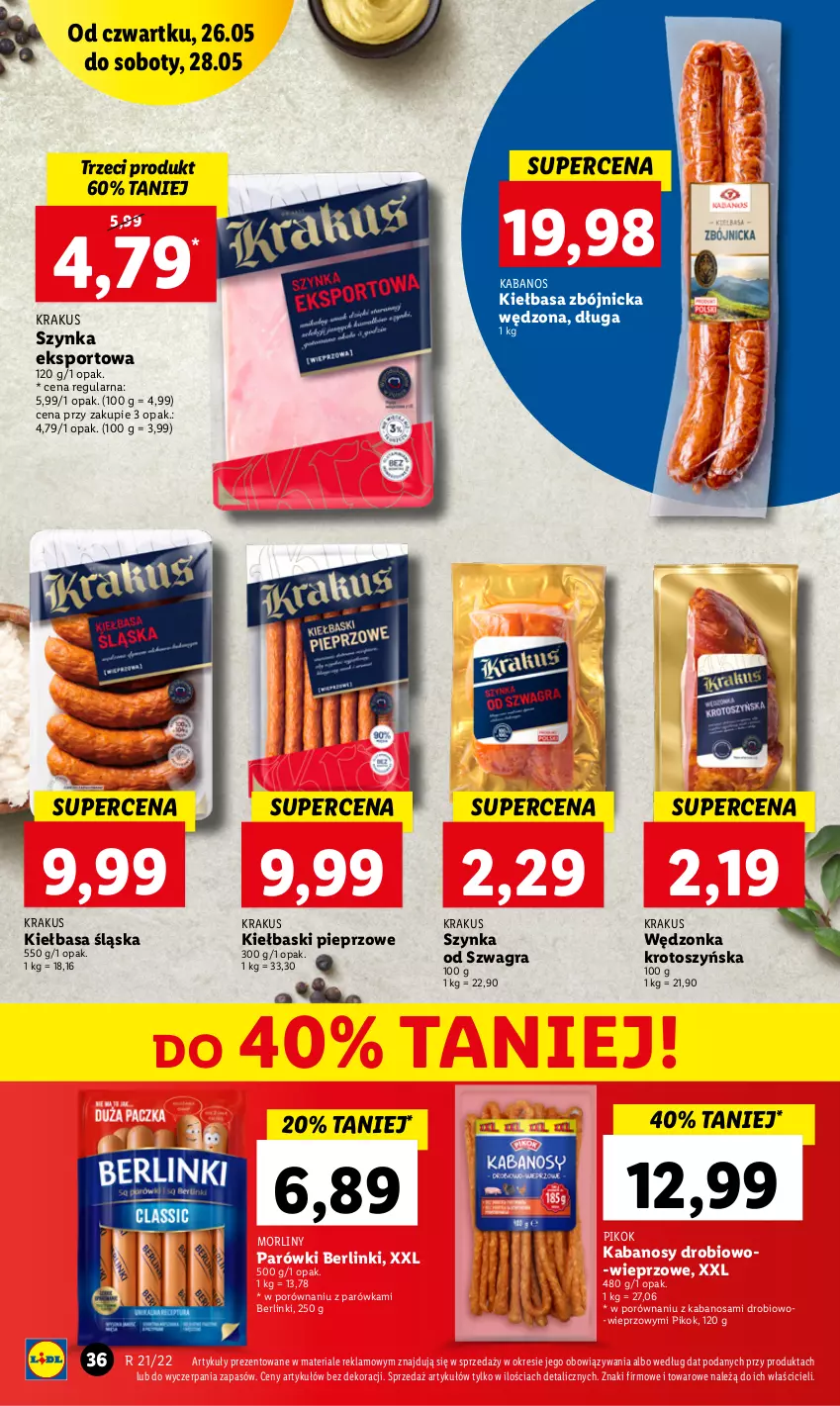 Gazetka promocyjna Lidl - GAZETKA - ważna 26.05 do 28.05.2022 - strona 36 - produkty: Berlinki, Gra, Kabanos, Kiełbasa, Kiełbasa śląska, Kiełbaski pieprzowe, Krakus, Morliny, Parówki, Pieprz, PIKOK, Por, Sport, Szynka