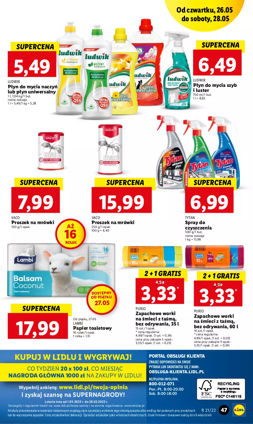 Gazetka promocyjna Lidl - GAZETKA - ważna 26.05 do 28.05.2022 - strona 47 - produkty: Do mycia naczyń, Gra, Gry, Ludwik, Mola, Papier, Papier toaletowy, Płyn do mycia, Płyn do mycia naczyń, Pur, Spray do czyszczenia, Tytan, Worki na śmiec, Worki na śmieci