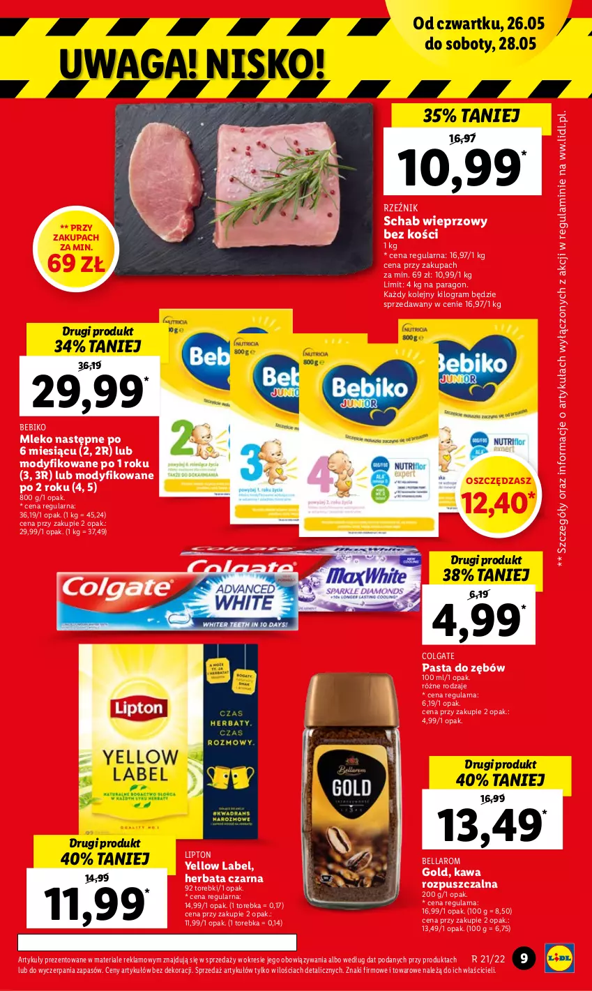 Gazetka promocyjna Lidl - GAZETKA - ważna 26.05 do 28.05.2022 - strona 9 - produkty: Bebiko, Bell, Bella, Colgate, Gra, Herbata, Herbata czarna, Kawa, Kawa rozpuszczalna, LG, Lipton, Mleko, O nas, Olej, Pasta do zębów, Schab wieprzowy, Torebka, Waga