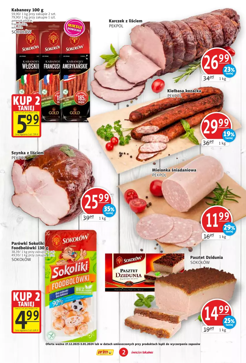 Gazetka promocyjna Prim Market - ważna 27.12.2023 do 03.01.2024 - strona 2 - produkty: Danio, Kabanos, Parówki, Pasztet, Pekpol, Sok, Sokołów