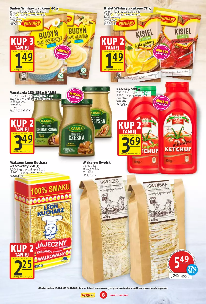 Gazetka promocyjna Prim Market - ważna 27.12.2023 do 03.01.2024 - strona 8 - produkty: Budyń, Kamis, Ketchup, Kisiel, Leon, LG, Makaron, Mus, Musztarda, Winiary, Wstążka