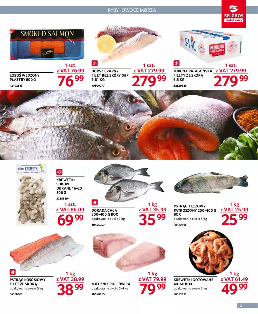 Gazetka promocyjna Selgros - Oferta gastronomiczna - ważna 15.12 do 26.12.2022 - strona 3 - produkty: Dorsz, HP, Krewetki, Miecz, Miecznik, Miruna, Owoce, Polędwica, Pstrąg, Pstrąg łososiowy, Pstrąg tęczowy, Sos, Tago