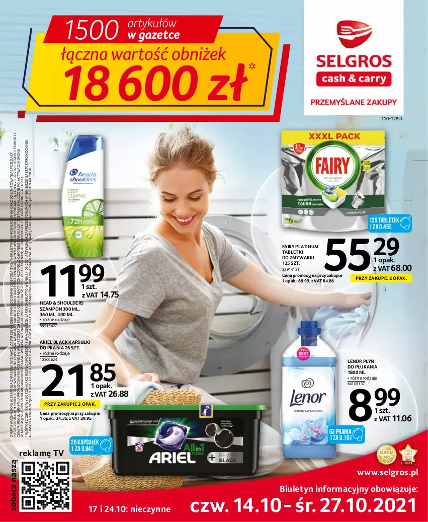 Gazetka promocyjna Selgros - Oferta spożywcza - ważna 14.10 do 27.10.2021 - strona 1 - produkty: Ariel, Fa, Fairy, Kapsułki do prania, Lack, Lenor, LG, Płyn do płukania, Szampon, Tablet, Tabletki do zmywarki, Tran, Zmywarki