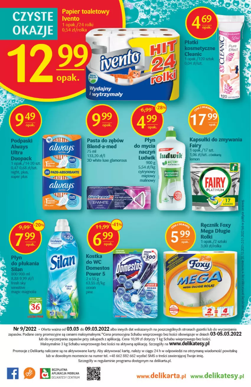 Gazetka promocyjna Delikatesy Centrum - Gazetka DC09 - ważna 03.03 do 09.03.2022 - strona 28 - produkty: Always, Cleanic, Domestos, Fa, Foxy, Gra, LG, Ludwik, Mobil, Papier, Papier toaletowy, Pasta do zębów, Płatki kosmetyczne, Podpaski, Ręcznik, Rolki, Rum, Silan