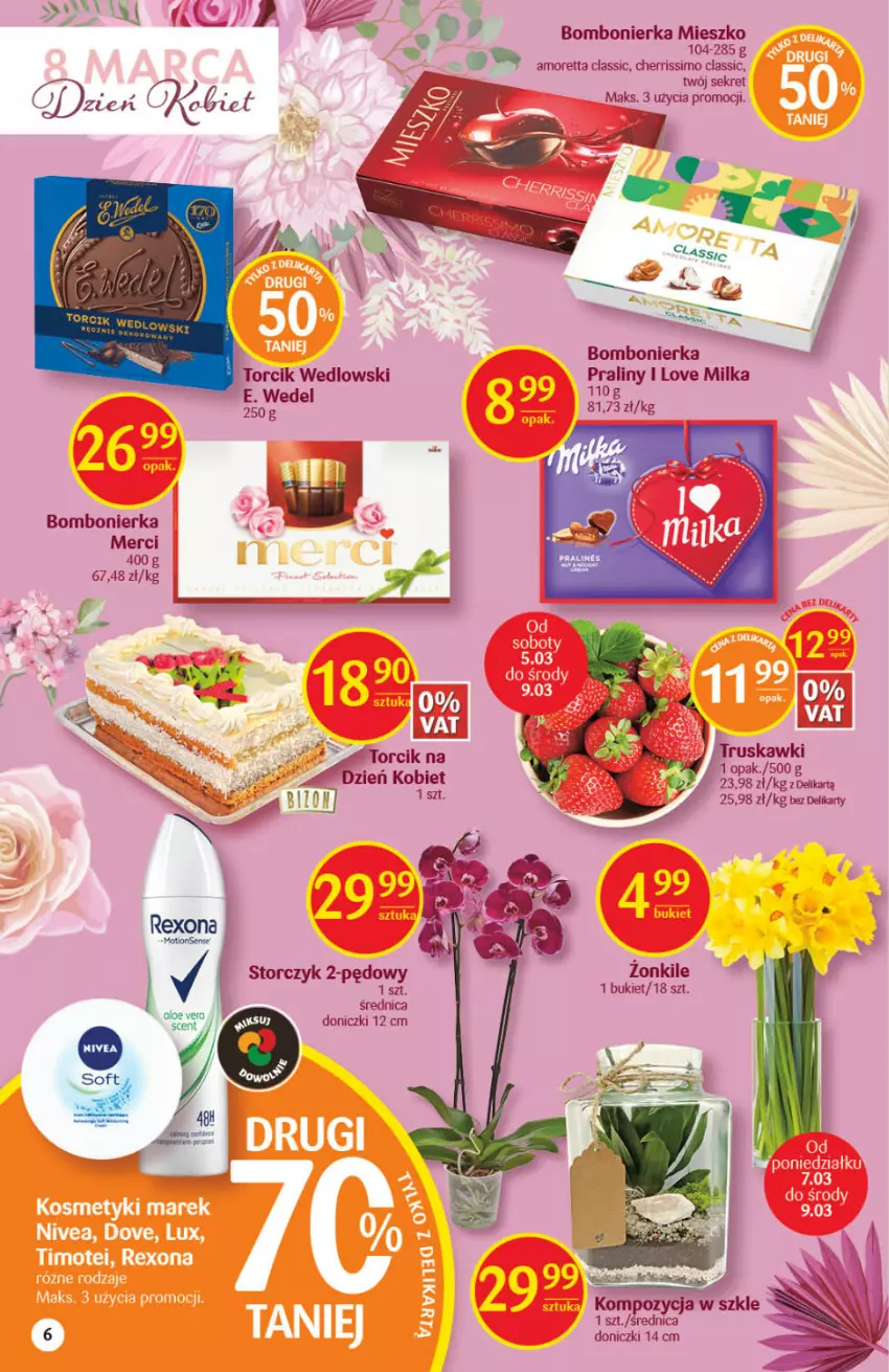 Gazetka promocyjna Delikatesy Centrum - Gazetka DC09 - ważna 03.03 do 09.03.2022 - strona 6 - produkty: Bukiet, E. Wedel, Kret, Merci, Milka, Praliny, Rexona, Storczyk, Truskawki