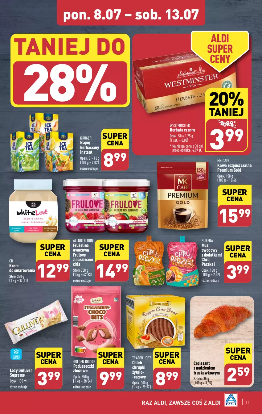 Gazetka promocyjna Aldi - Pełna oferta - ważna 08.07 do 13.07.2024 - strona 11 - produkty: Chia, Chleb, Chrupki, Croissant, Frużelina, Herbata, Herbata czarna, Kawa, Kawa rozpuszczalna, Lody, Mus, Napój, Pur