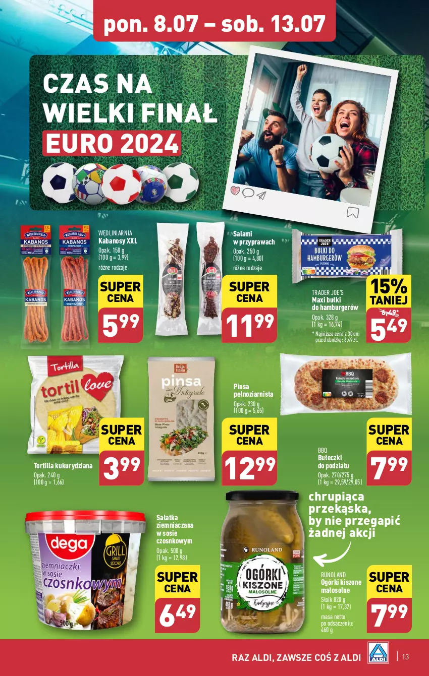 Gazetka promocyjna Aldi - Pełna oferta - ważna 08.07 do 13.07.2024 - strona 13 - produkty: Bułeczki, Burger, Hamburger, Kabanos, Runoland, Salami, Sałat, Sałatka, Sos, Tortilla