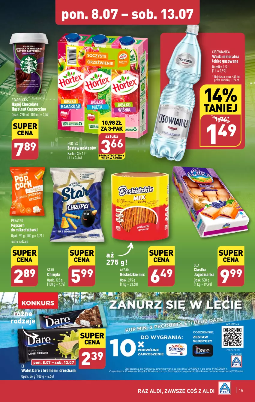 Gazetka promocyjna Aldi - Pełna oferta - ważna 08.07 do 13.07.2024 - strona 15 - produkty: Aksam, Beskidzki, Cappuccino, Chrupki, Ciastka, Cisowianka, Fa, Hortex, Jagodzianka, Napój, Nektar, Popcorn, Woda, Woda mineralna