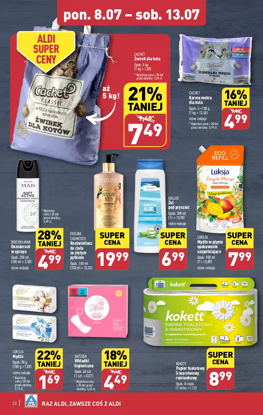 Gazetka promocyjna Aldi - Pełna oferta - ważna 08.07 do 13.07.2024 - strona 22 - produkty: Dezodorant, Eveline, Luksja, Mydło, Mydło w płynie, Papier, Papier toaletowy, Rozświetlacz, Rum, Wkładki