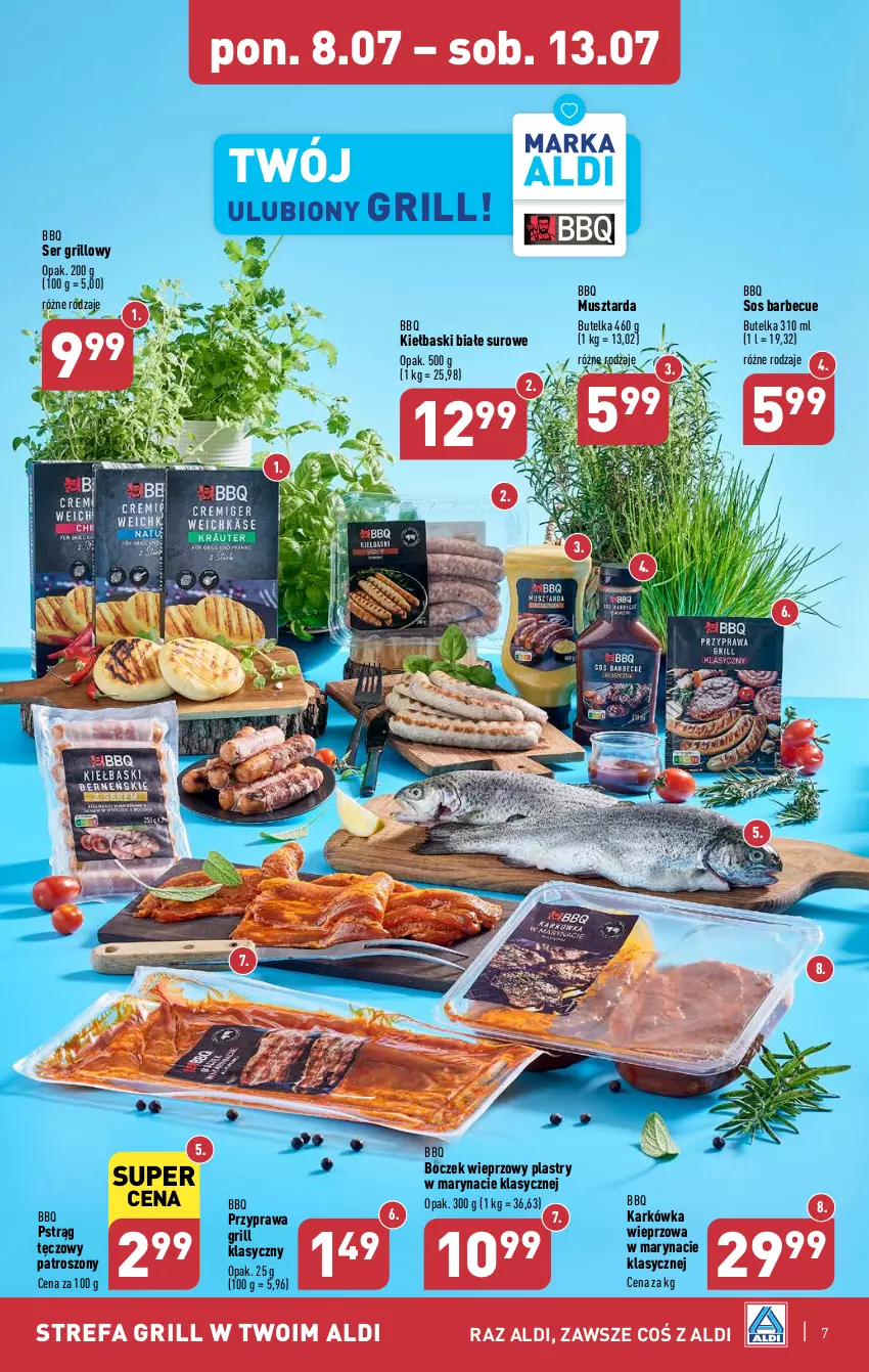 Gazetka promocyjna Aldi - Pełna oferta - ważna 08.07 do 13.07.2024 - strona 7 - produkty: Boczek, Boczek wieprzowy, Fa, Grill, Karkówka wieprzowa, Kiełbaski białe, Mus, Musztarda, Pstrąg, Pstrąg tęczowy, Ser, Sos