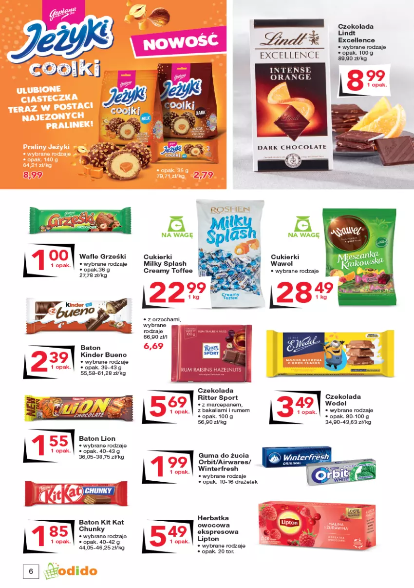 Gazetka promocyjna Odido - Gazetka - ważna 09.09 do 22.09.2022 - strona 6 - produkty: Baton, Cukier, Cukierki, Czekolada, Grześki, Kinder, Kinder Bueno, Kit Kat, Lindt, Lion, Lipton, Orbit, Por, Ritter Sport, Sport, Wafle, Wawel