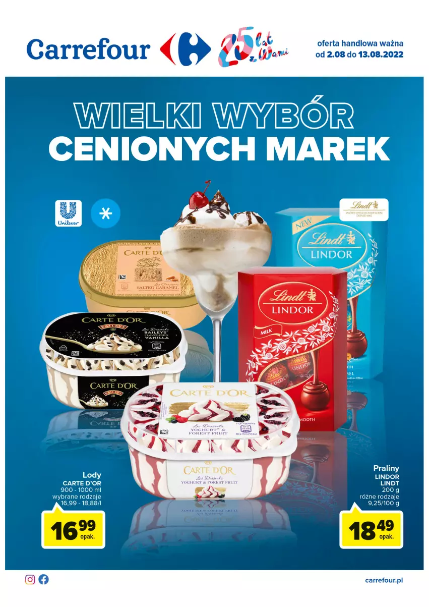 Gazetka promocyjna Carrefour - Gazetka Wielki wybór cenionych marek - ważna 02.08 do 13.08.2022 - strona 1 - produkty: Carte d'Or, Lindor, Lody, Praliny