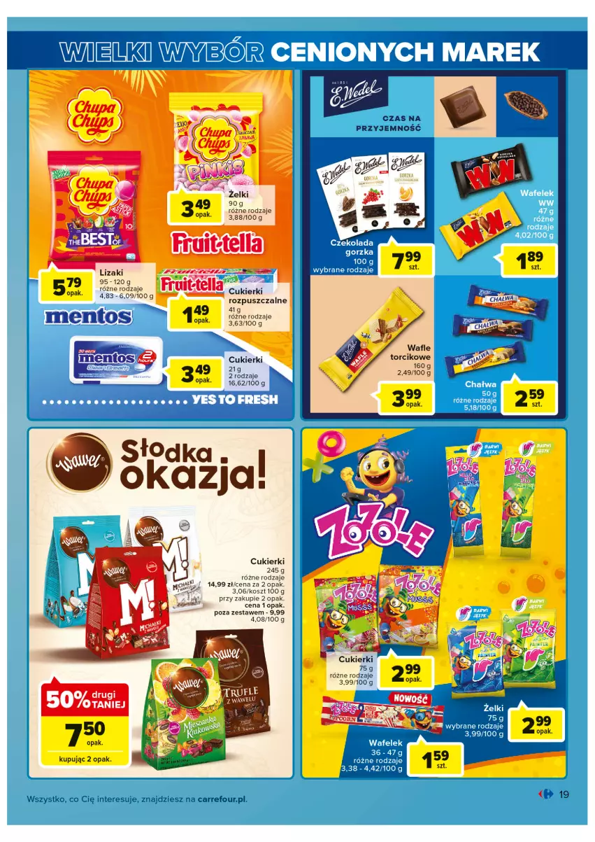 Gazetka promocyjna Carrefour - Gazetka Wielki wybór cenionych marek - ważna 02.08 do 13.08.2022 - strona 19 - produkty: Cukier, Cukierki, Kosz, Lizaki, Wafle, Wawel