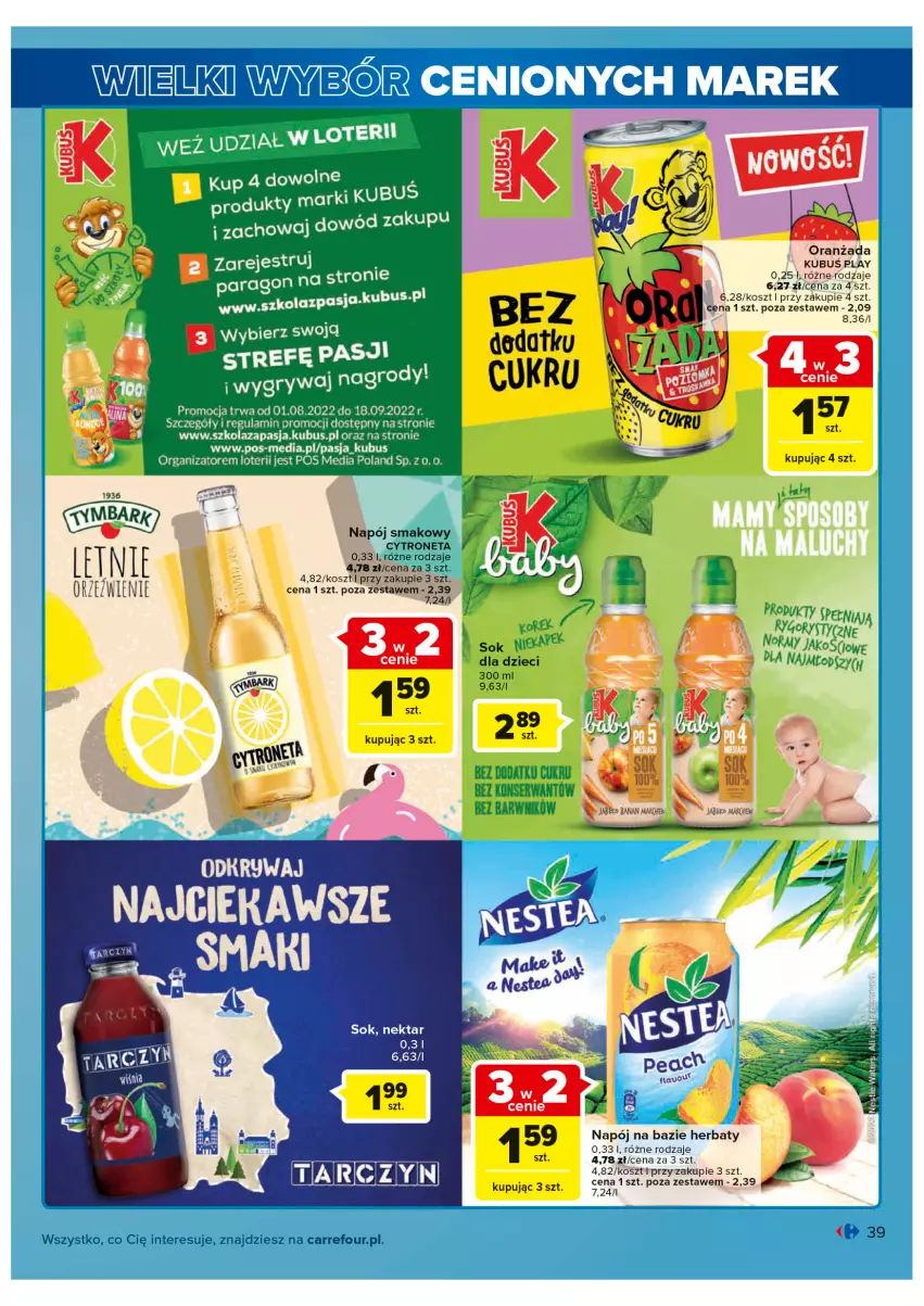 Gazetka promocyjna Carrefour - Gazetka Wielki wybór cenionych marek - ważna 02.08 do 13.08.2022 - strona 39 - produkty: Dzieci, Fa, Kosz, Kubuś, LG, Napój, Oranżada, Ser, Sok, Top, Tymbark