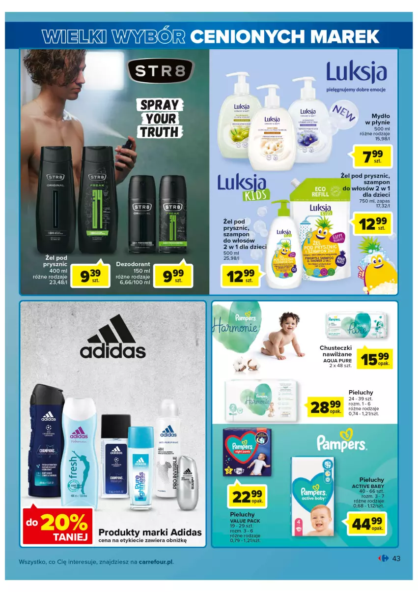 Gazetka promocyjna Carrefour - Gazetka Wielki wybór cenionych marek - ważna 02.08 do 13.08.2022 - strona 43 - produkty: Adidas, BIC, Chusteczki, Dezodorant, Dzieci, Fa, Luksja, Mydło, Pieluchy, Pur, Szampon