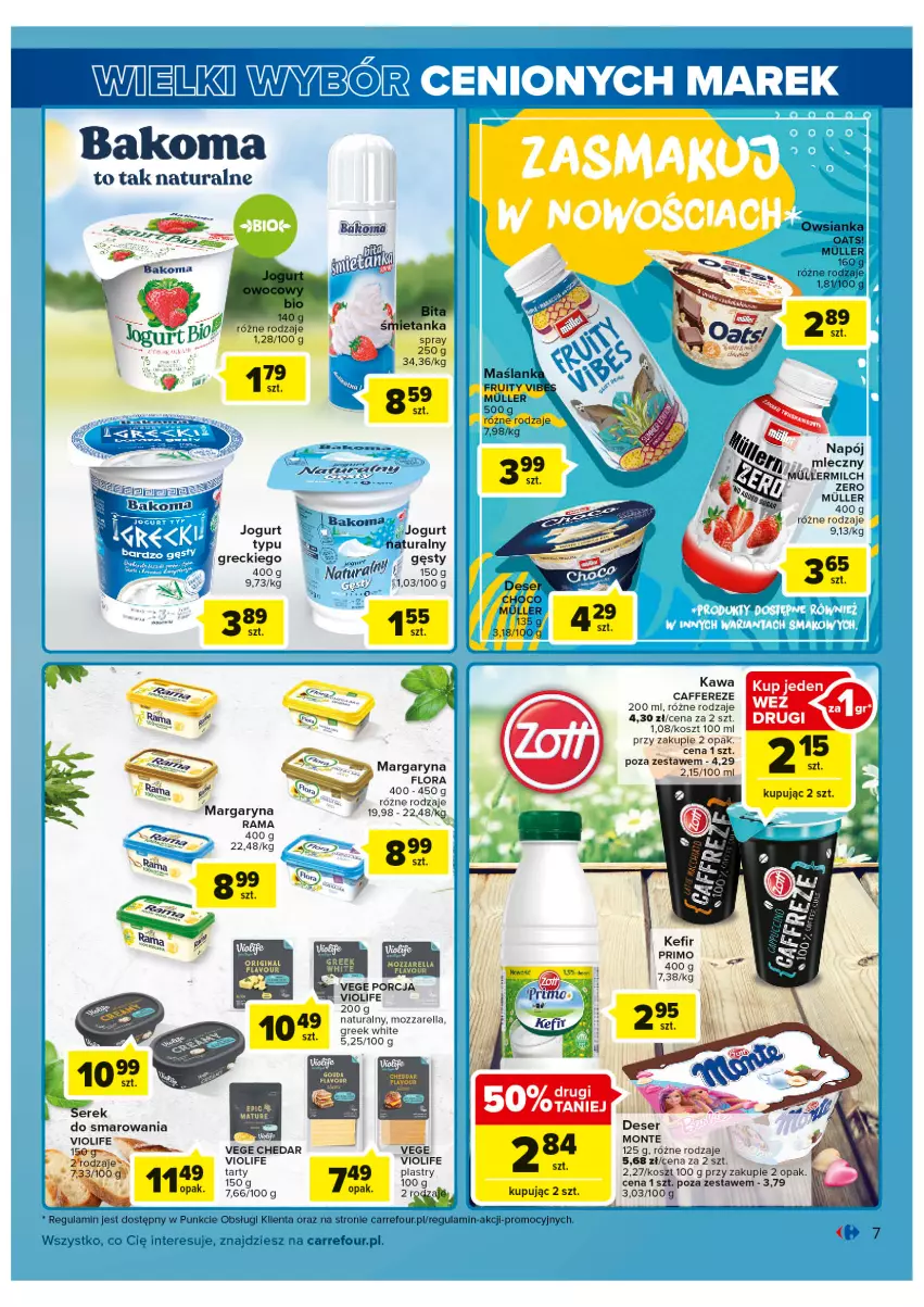 Gazetka promocyjna Carrefour - Gazetka Wielki wybór cenionych marek - ważna 02.08 do 13.08.2022 - strona 7 - produkty: Bakoma, Deser, Fa, Flora, Jogurt, Kawa, Kosz, Margaryna, Monte, Mozzarella, Owsianka, Por, Ser