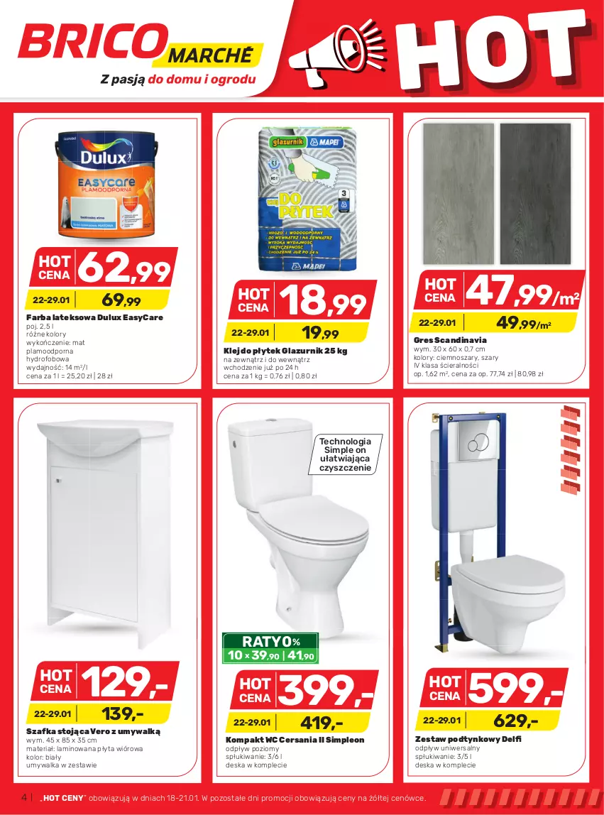 Gazetka promocyjna Bricomarche - Gazetka - ważna 18.01 do 29.01.2023 - strona 4 - produkty: Dulux, Fa, Farba lateksowa, Gres, Klej, Kompakt WC, Lazur, Leon, Płyta, Płyta wiórowa, Por, Szafka, Umywalka