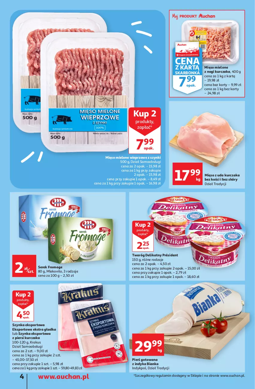 Gazetka promocyjna Auchan - Gazetka Rewelacyjnie małe ceny Auchan Supermarket - ważna 03.01 do 11.01.2023 - strona 4 - produkty: Bianka, Krakus, Kurczak, Mięso, Mięso mielone, Mięso z uda kurczaka, Mleko, Mlekovita, Por, Président, Ser, Serek, Sport, Szynka, Twaróg, Twaróg delikatny