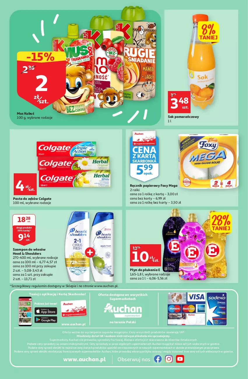 Gazetka promocyjna Auchan - Gazetka Rewelacyjnie małe ceny Auchan Supermarket - ważna 03.01 do 11.01.2023 - strona 8 - produkty: Colgate, Foxy, Kubuś, LG, Mus, Papier, Pasta do zębów, Płyn do płukania, Ręcznik, Rolki, Ser, Sok, Sok pomarańczowy, Szampon, Tera