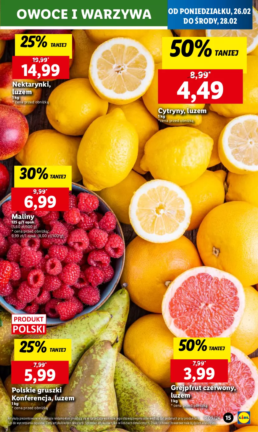 Gazetka promocyjna Lidl - GAZETKA - ważna 26.02 do 28.02.2024 - strona 17 - produkty: Cytryny, Grejpfrut, Gruszki, Maliny, Nektar, Owoce, Warzywa