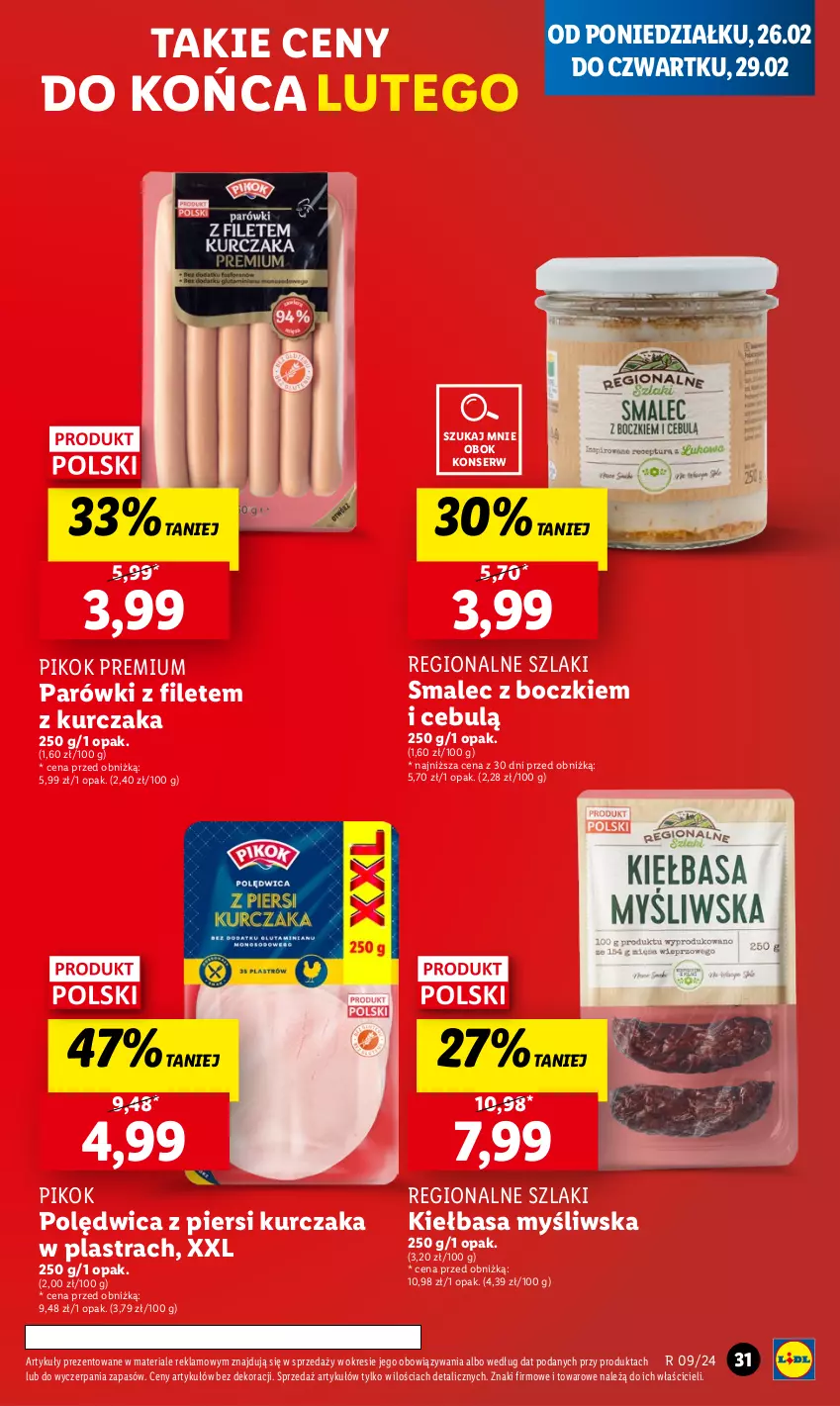 Gazetka promocyjna Lidl - GAZETKA - ważna 26.02 do 28.02.2024 - strona 33 - produkty: Kiełbasa, Kurczak, Parówki, PIKOK, Polędwica, Ser, Smalec