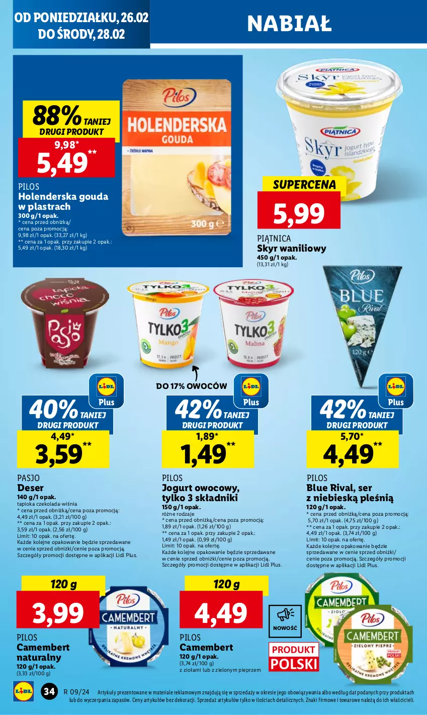 Gazetka promocyjna Lidl - GAZETKA - ważna 26.02 do 28.02.2024 - strona 36 - produkty: Camembert, Czekolada, Deser, Gouda, Jogurt, Jogurt owocowy, Olej, Piątnica, Pieprz, Pilos, Ser