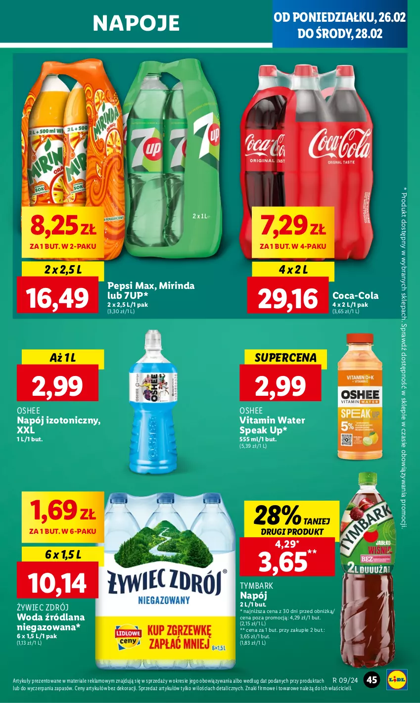 Gazetka promocyjna Lidl - GAZETKA - ważna 26.02 do 28.02.2024 - strona 47 - produkty: 7up, Coca-Cola, LANA, Mirinda, Napój, Napój izotoniczny, Napoje, Oshee, Pepsi, Pepsi max, Tymbark, Woda