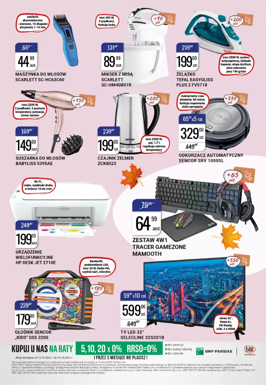 Gazetka promocyjna Bi1 - Czas promocji - ważna 13.10 do 19.10.2021 - strona 9 - produkty: Acer, Babyliss, Clin, Czajnik, Fa, Głośnik, HP, Maszynka, Mikser, Mikser z misą, Odkurzacz, Sencor, Ser, Suszarka, Szynka, Tefal, Zelmer