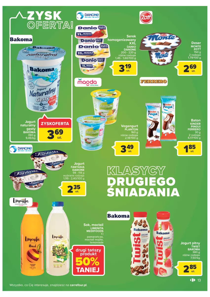 Gazetka promocyjna Carrefour - Gazetka Carrefour Zyskoteka - ważna 04.10 do 08.10.2022 - strona 13 - produkty: Bakoma, Danio, Danone, Deser, Fa, Fanta, Ferrero, Jogurt, Lemoniada, LG, Ser, Sok, Vegangurt