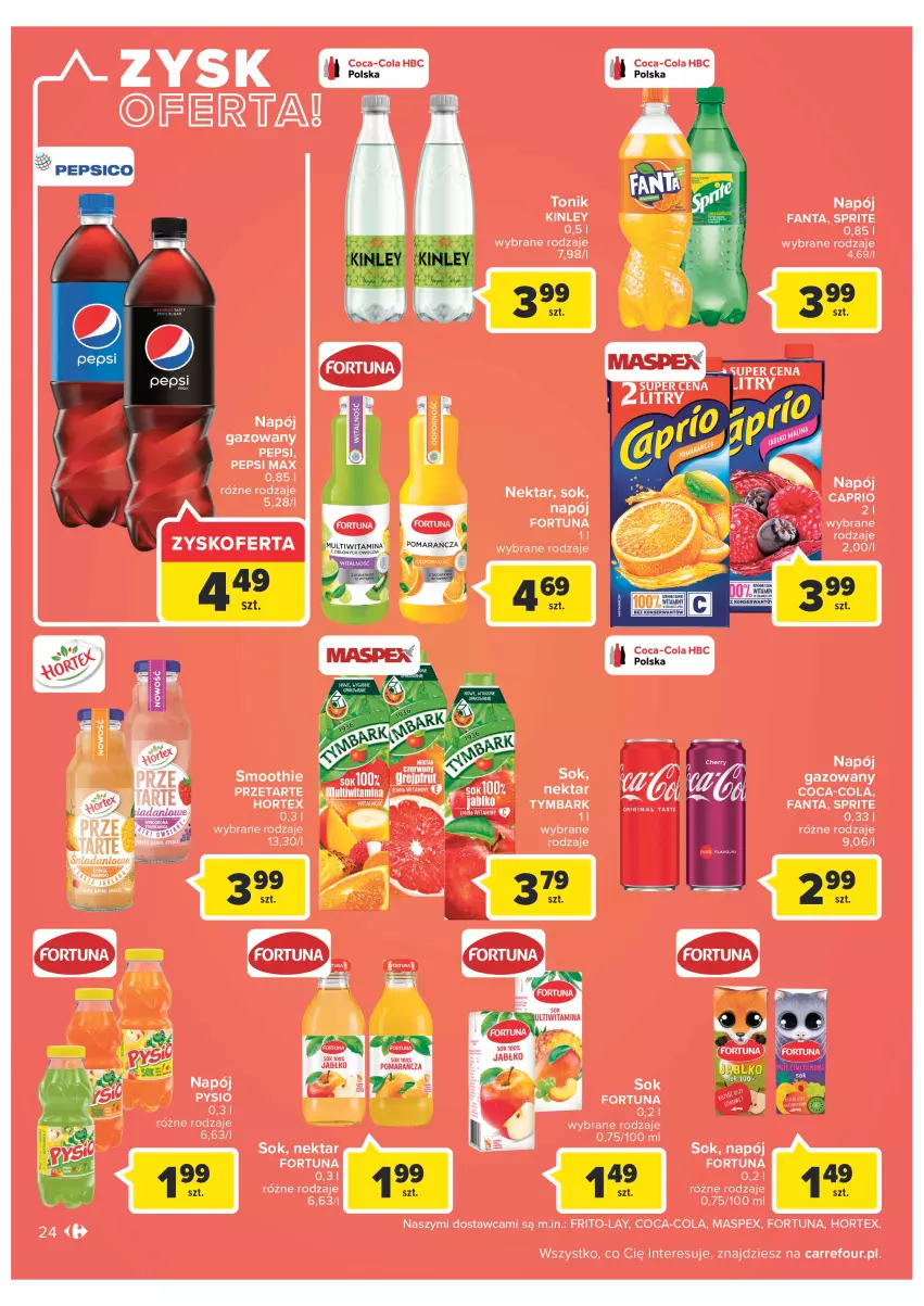 Gazetka promocyjna Carrefour - Gazetka Carrefour Zyskoteka - ważna 04.10 do 08.10.2022 - strona 24 - produkty: Coca-Cola, Fortuna, Hortex, Napój, Napój gazowany, Nektar, Pepsi, Pepsi max, Smoothie, Sok, Tonik, Tymbark