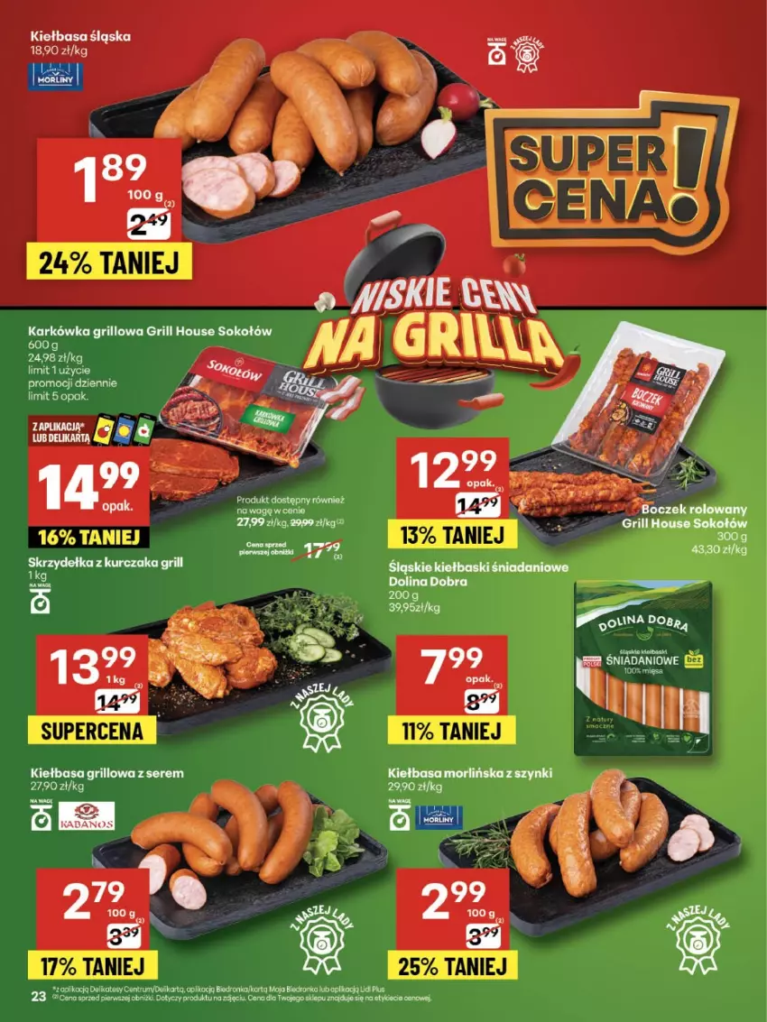 Gazetka promocyjna Delikatesy Centrum - Franczyza DC35 Czwartek - ważna 28.08 do 03.09.2025 - strona 23 - produkty: Boczek, Danio, Grill, Kabanos, Kiełbasa, Kiełbasa śląska, Ser, Sok, Sokołów
