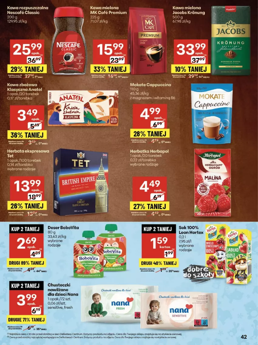 Gazetka promocyjna Delikatesy Centrum - Franczyza DC35 Czwartek - ważna 28.08 do 03.09.2025 - strona 42 - produkty: BoboVita, Cappuccino, Chusteczki, Deser, Dzieci, Herbapol, Herbata, Hortex, Jacobs, Kawa, Kawa mielona, Kawa rozpuszczalna, Kawa zbożowa, Leon, Magnez, Rum, Ser, Sok, Torebka