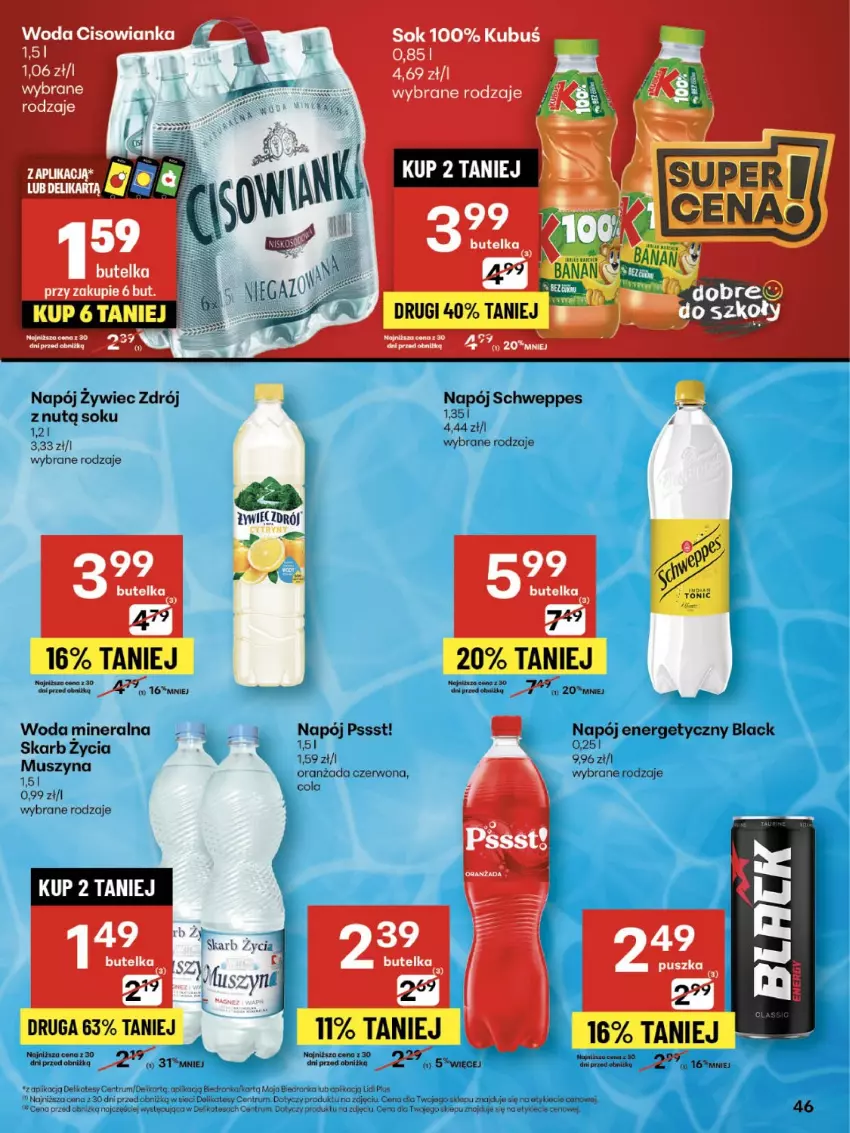 Gazetka promocyjna Delikatesy Centrum - Franczyza DC35 Czwartek - ważna 28.08 do 03.09.2025 - strona 46 - produkty: Dron, Kubuś, Lack, Napój, Napój energetyczny, Oranżada, Rum, Schweppes, Sok, Woda
